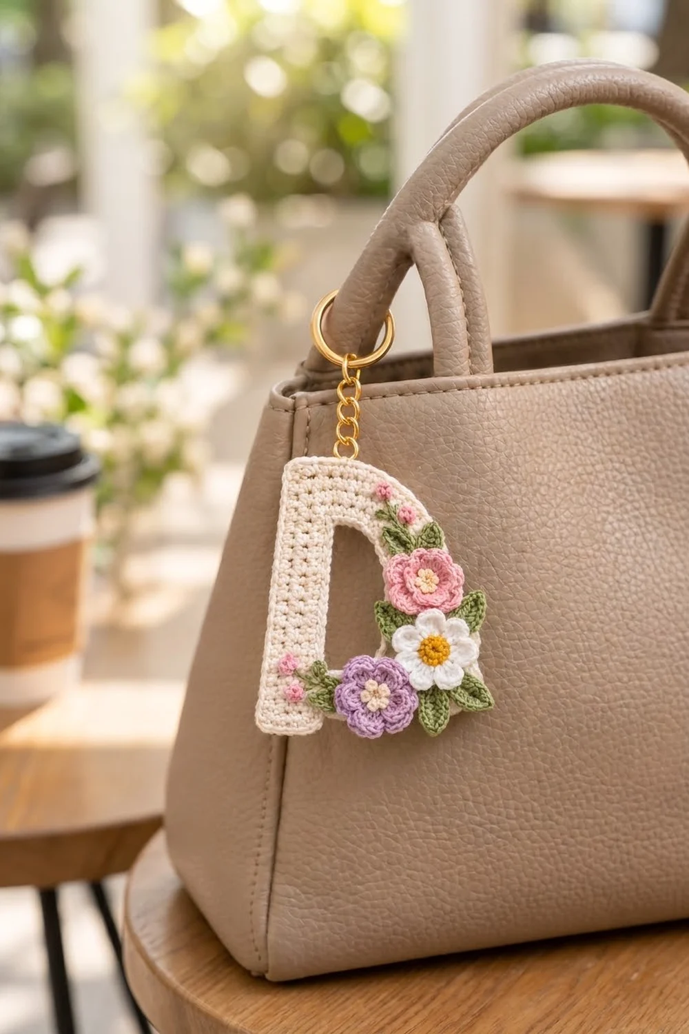 Crocheted cream floral keychain with pink, white, and purple flowers dangling from a tan leather handbag on a patio.