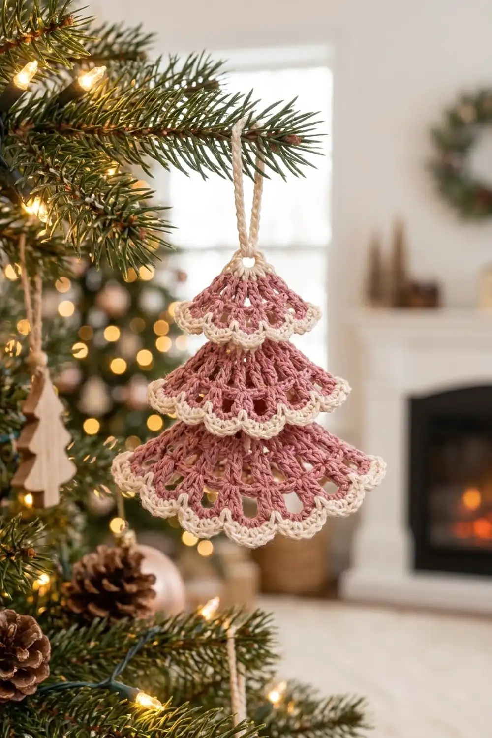 Crocheted mauve-and-cream three-tiered tree ornament hanging from an evergreen branch among twinkling holiday lights.