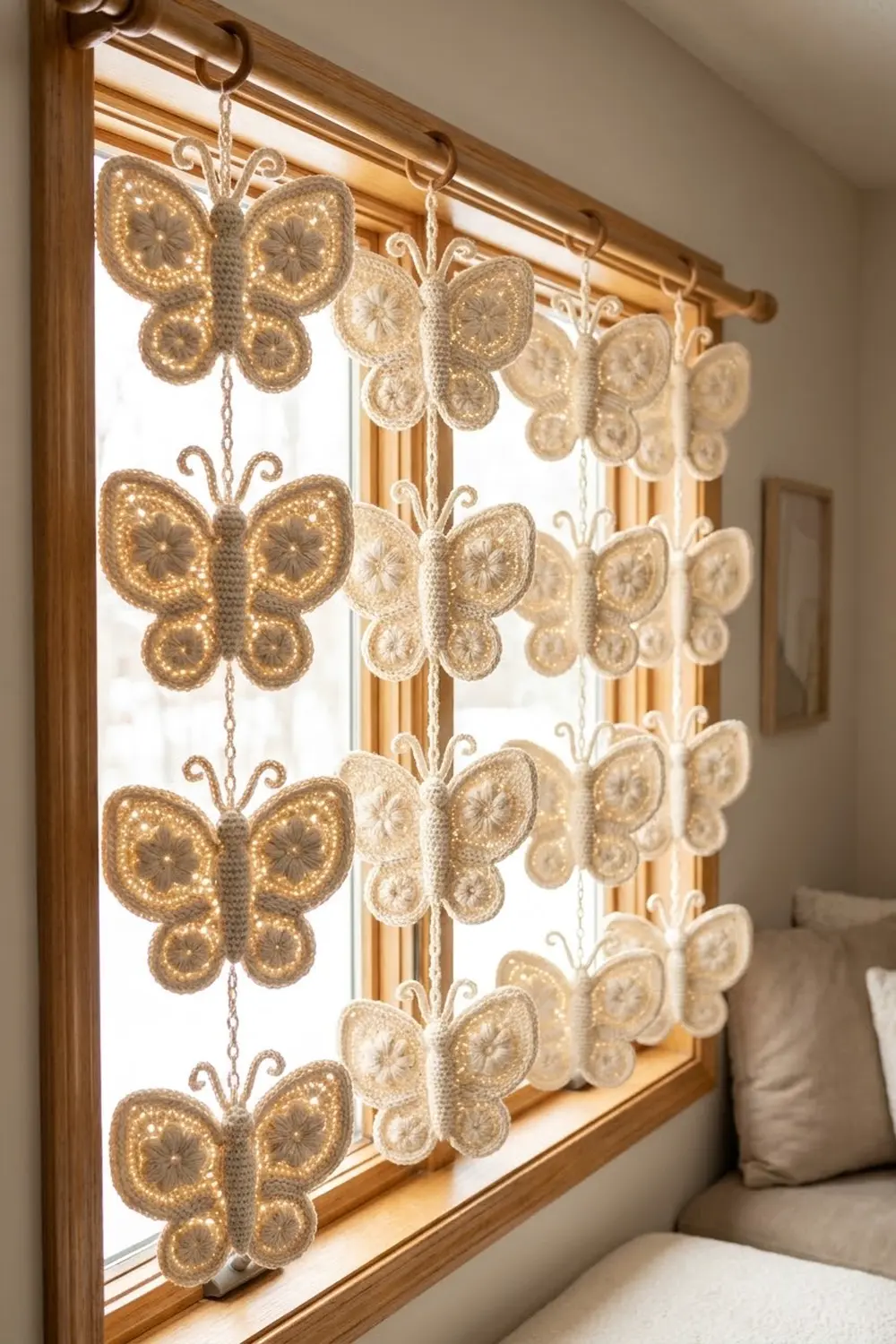 Crocheted butterfly ornaments in ombré tan-to-cream tones cascade from a wooden rod, backlit by natural window light.