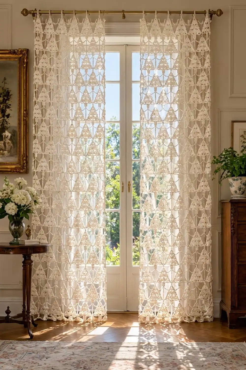 Ivory lace curtains with geometric diamond motifs frame tall French doors in a traditional room with pale beige walls.