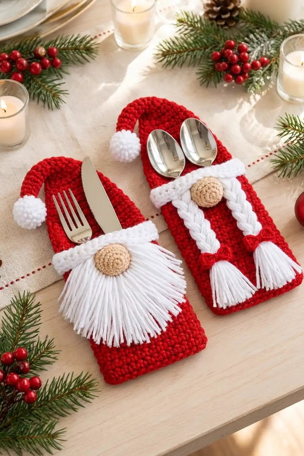 Crocheted red gnome utensil holders with white beards holding silverware on a holiday table with evergreen garland and candles.