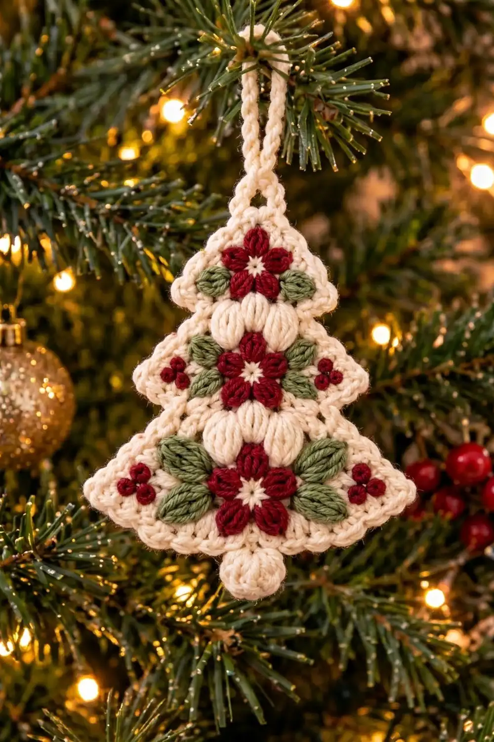 Cream crocheted Christmas tree ornament with red flowers and green leaves hanging on evergreen branch with warm white string lights.