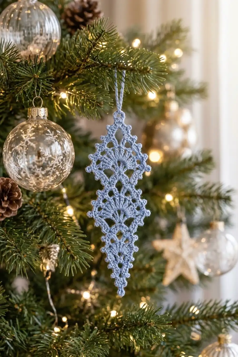 Light blue crocheted diamond ornament hanging on a Christmas tree amid twinkling lights and glass baubles.