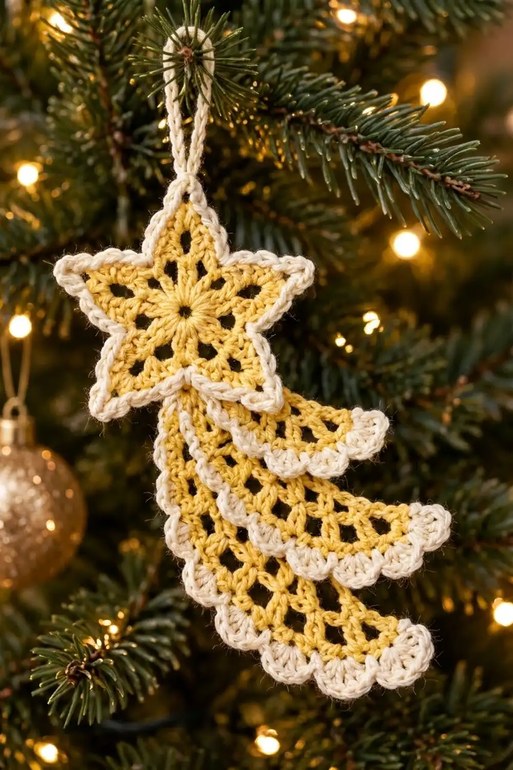 Crocheted yellow and white Christmas tree ornament with star hanging on evergreen branches amid warm string lights.