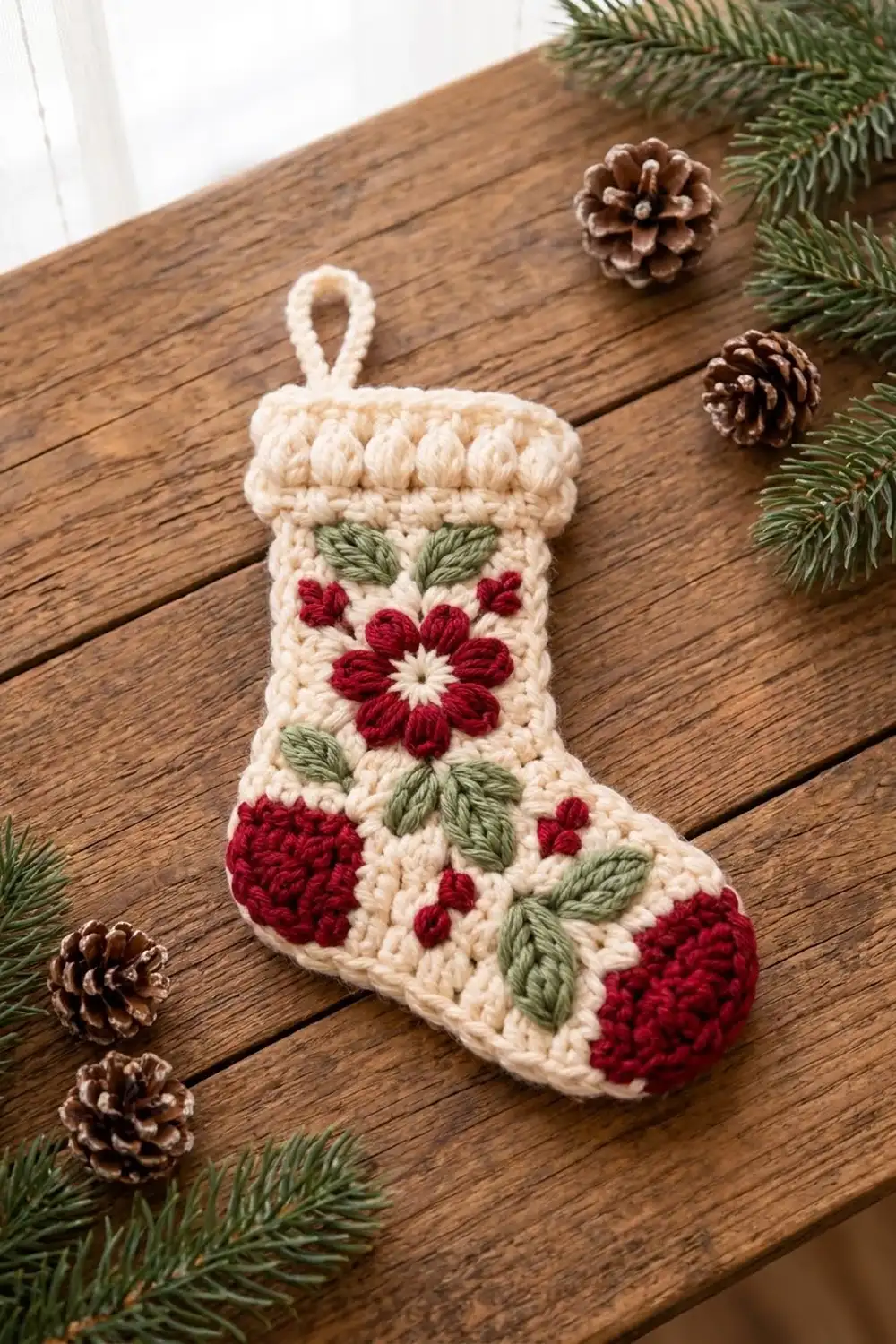 Cream crochet stocking ornament with red flowers and green leaves sits on wood among evergreen branches and pinecones.