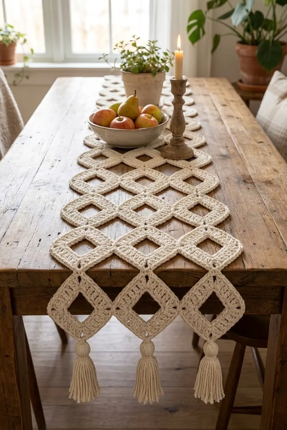 A cream crochet table runner with diamond cutouts and tassels styled on a wooden table with fruit and candle.