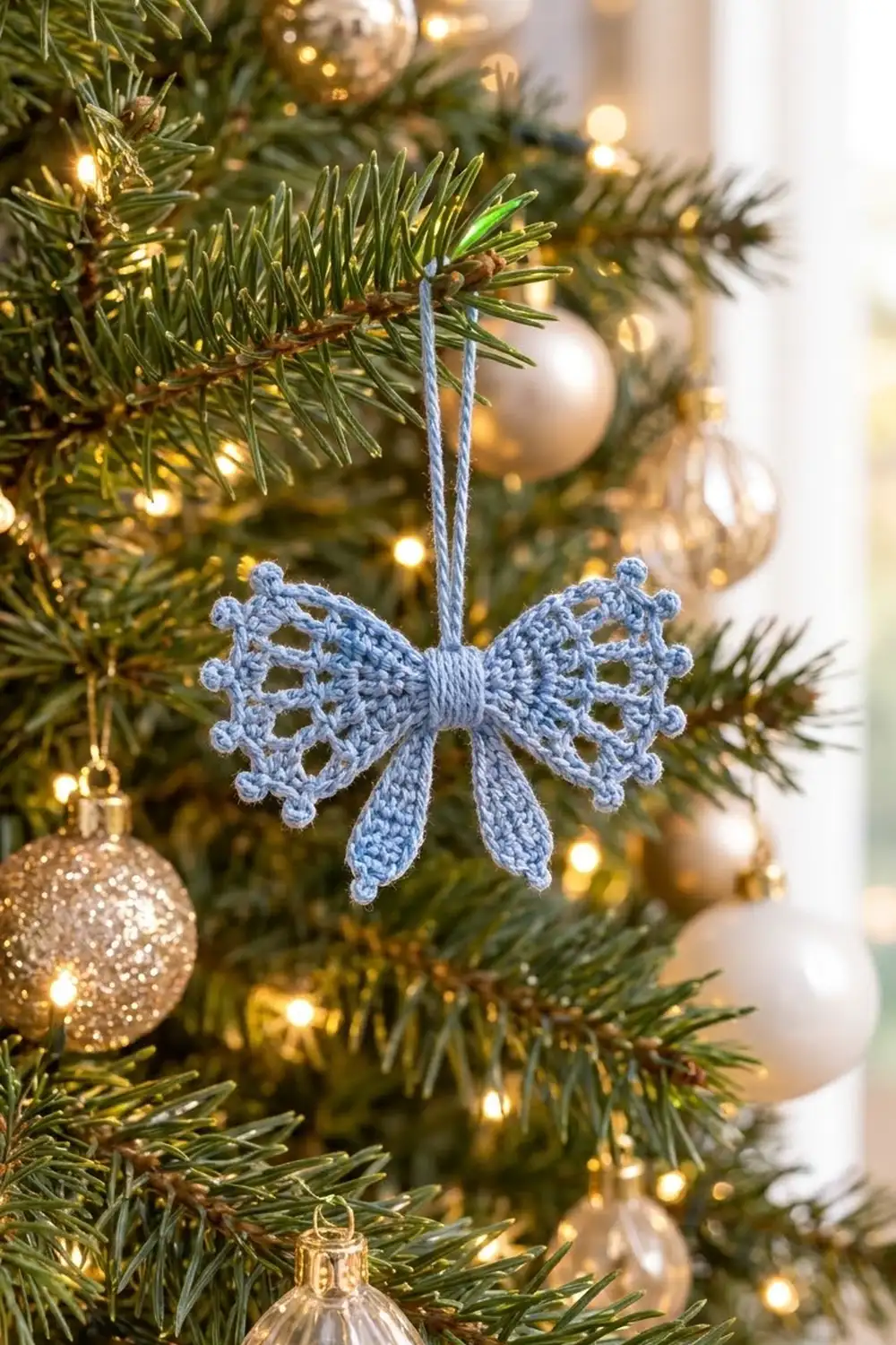 Periwinkle crocheted bow ornament hanging on an evergreen tree surrounded by warm lights and pearl decorations.