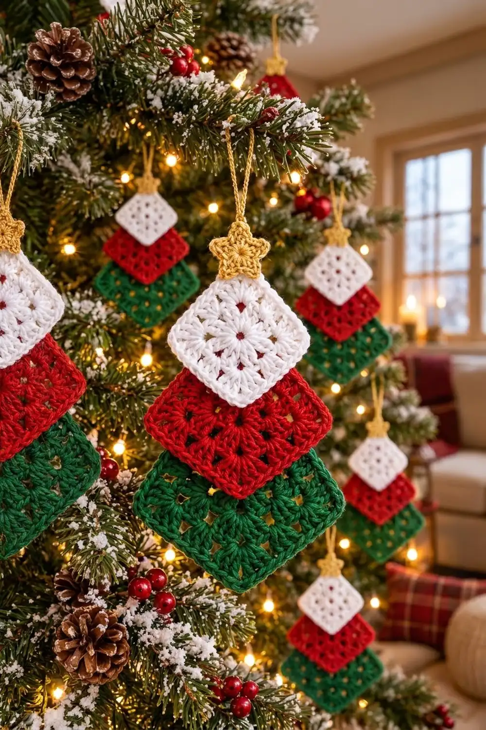 Crocheted diamond ornaments in red, white, and green with gold stars decorate a snowy Christmas tree in a warm home.