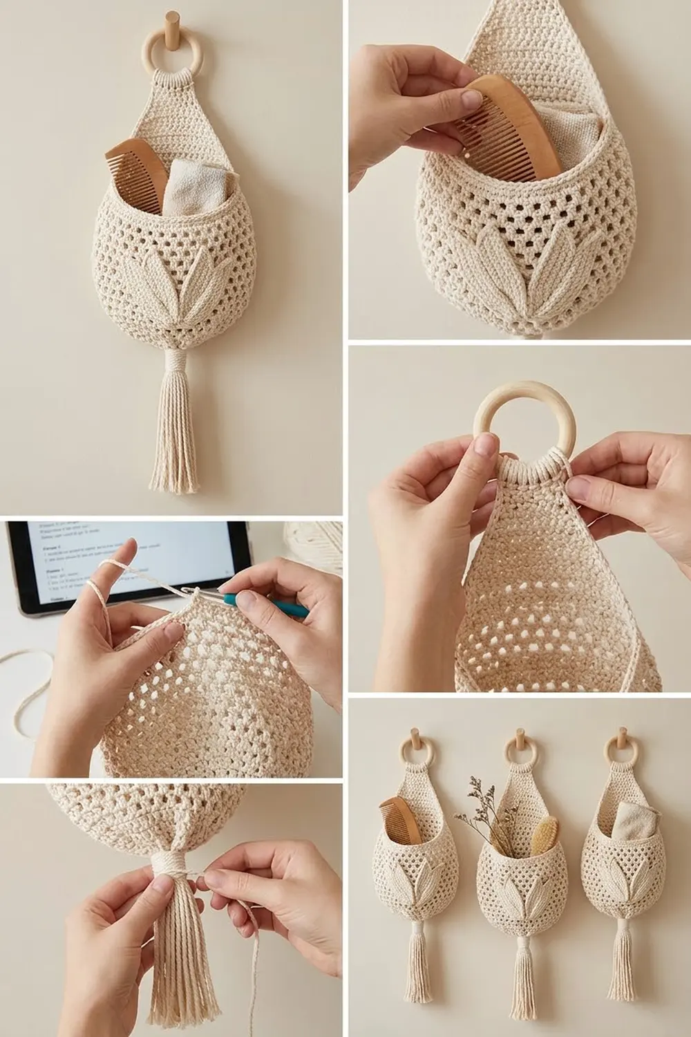 Cream crochet hanging storage pouches with wooden handles holding a wooden comb and linens, styled against a neutral wall.