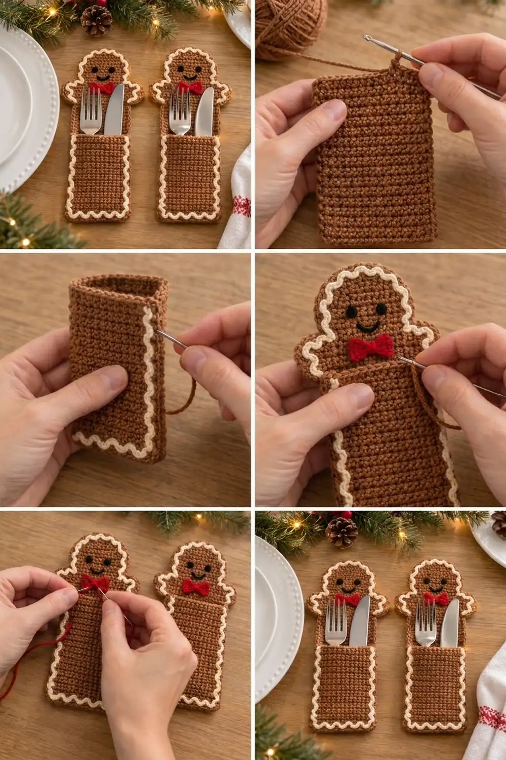 Brown crocheted gingerbread men with cream trim and red bows serve as utensil holders on a festive holiday table.