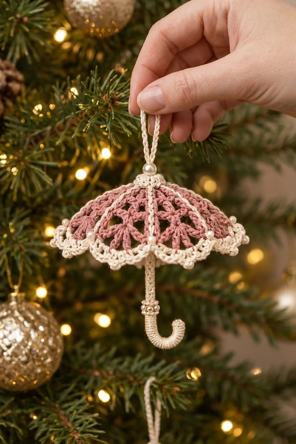 Hand holding a pink and cream crocheted umbrella ornament on a Christmas tree with lights.