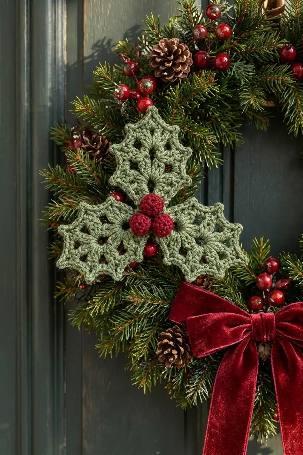 Crocheted sage-green holly leaf with red berries featured on a festive Christmas wreath hung on a grey door.