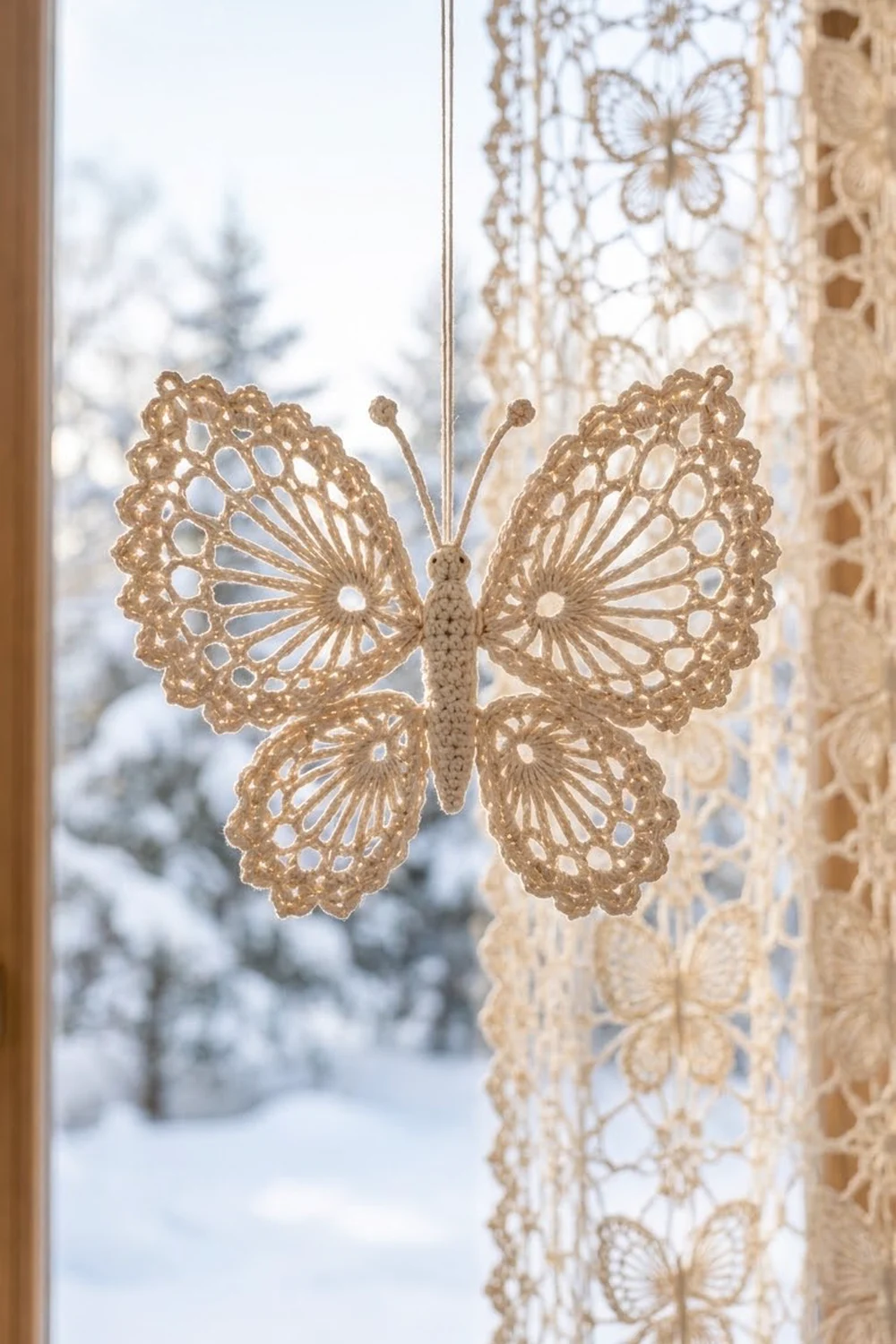 Crocheted butterfly in beige hanging in a window with lace curtains, snowy landscape visible behind.