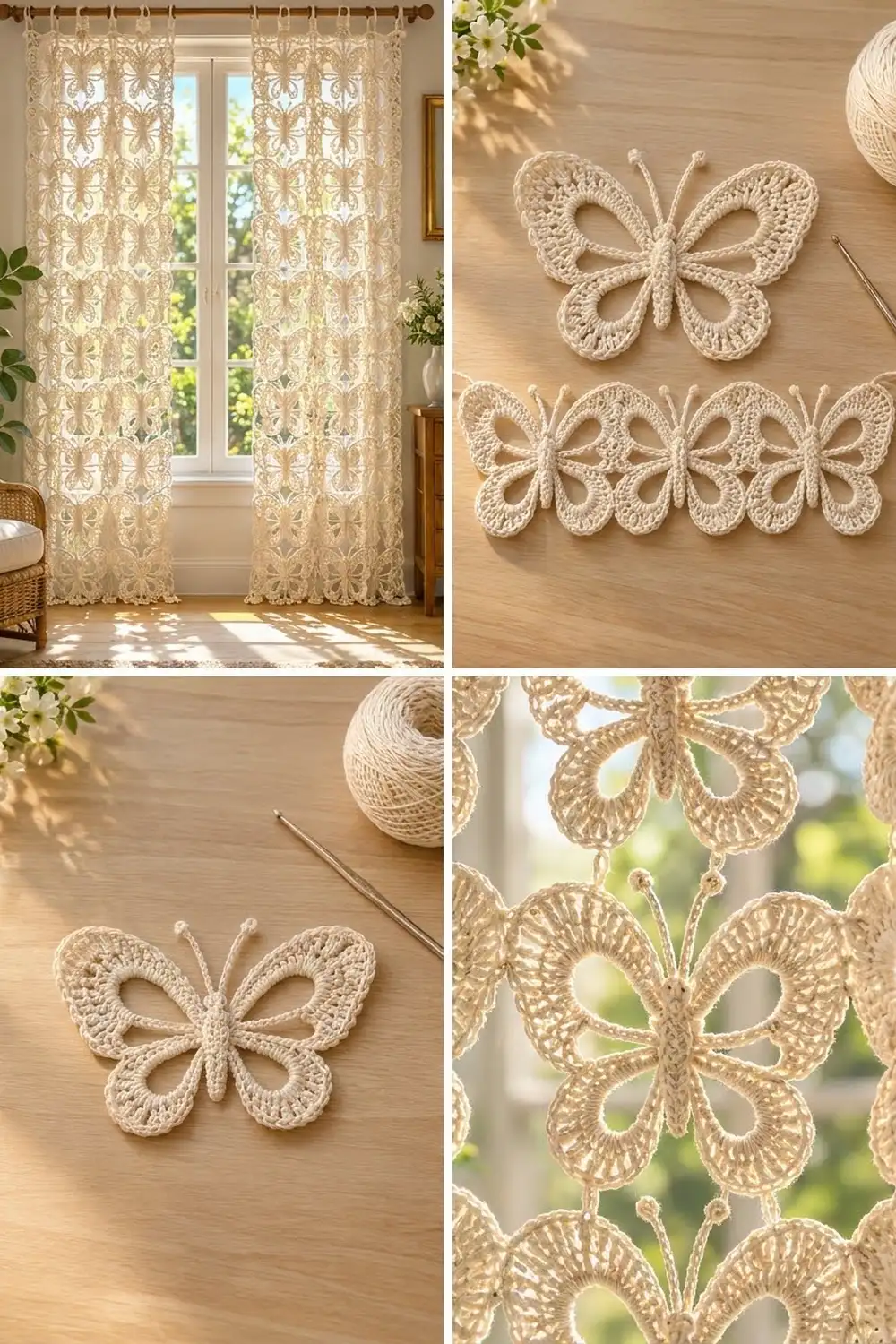 Cream-colored crocheted butterfly ornaments styled as home décor on wood surfaces and hanging in sunlit window displays.