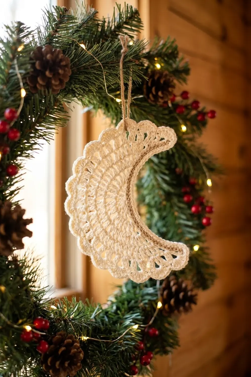 A cream-colored crocheted moon ornament hangs from twine on an evergreen garland decorated with pinecones, red berries, and lights.