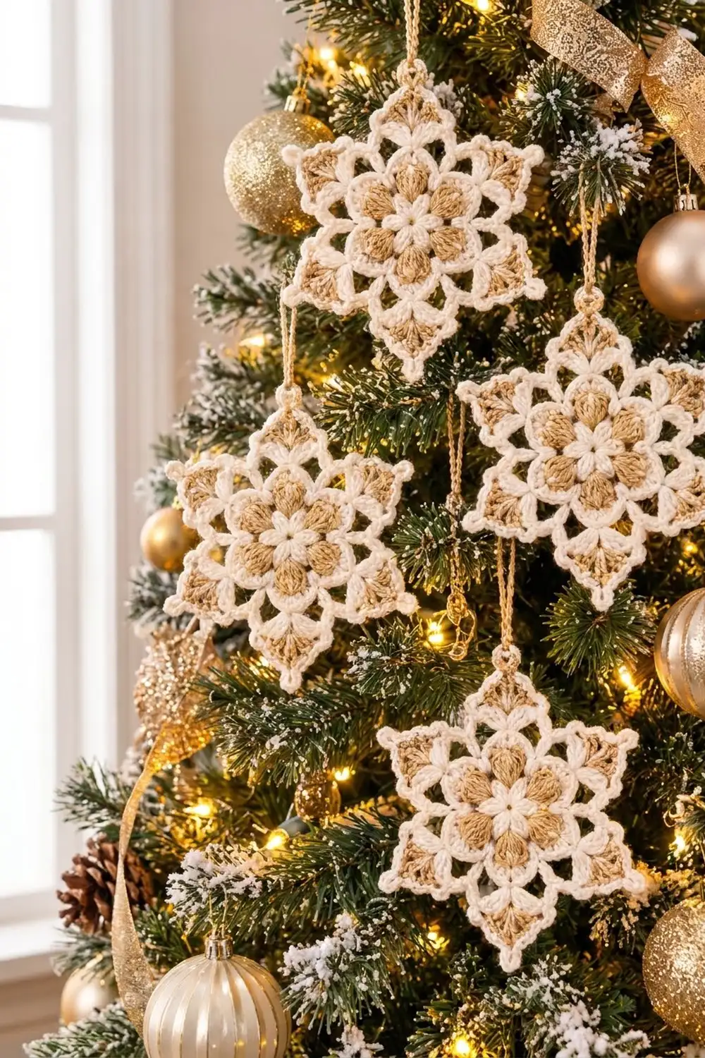 Crocheted cream and tan snowflake ornaments hanging on an evergreen Christmas tree with warm golden lights and metallic baubles.