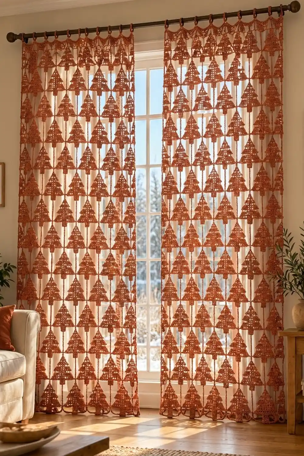 Rust-colored crocheted curtains with Christmas tree motifs hang from a dark rod in front of a window with snowy landscape.