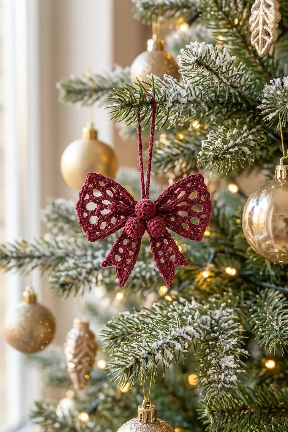 Burgundy crochet bow ornament with lace pattern hanging on a frosted Christmas tree with gold decorations.