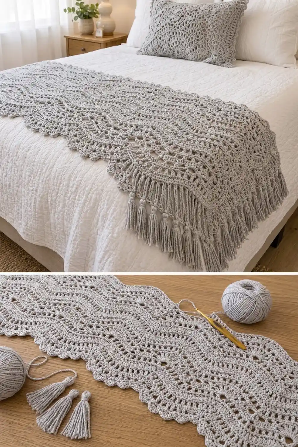 Cream crocheted throw blanket with lace pattern and fringe trim displayed on a white bed with pillows.