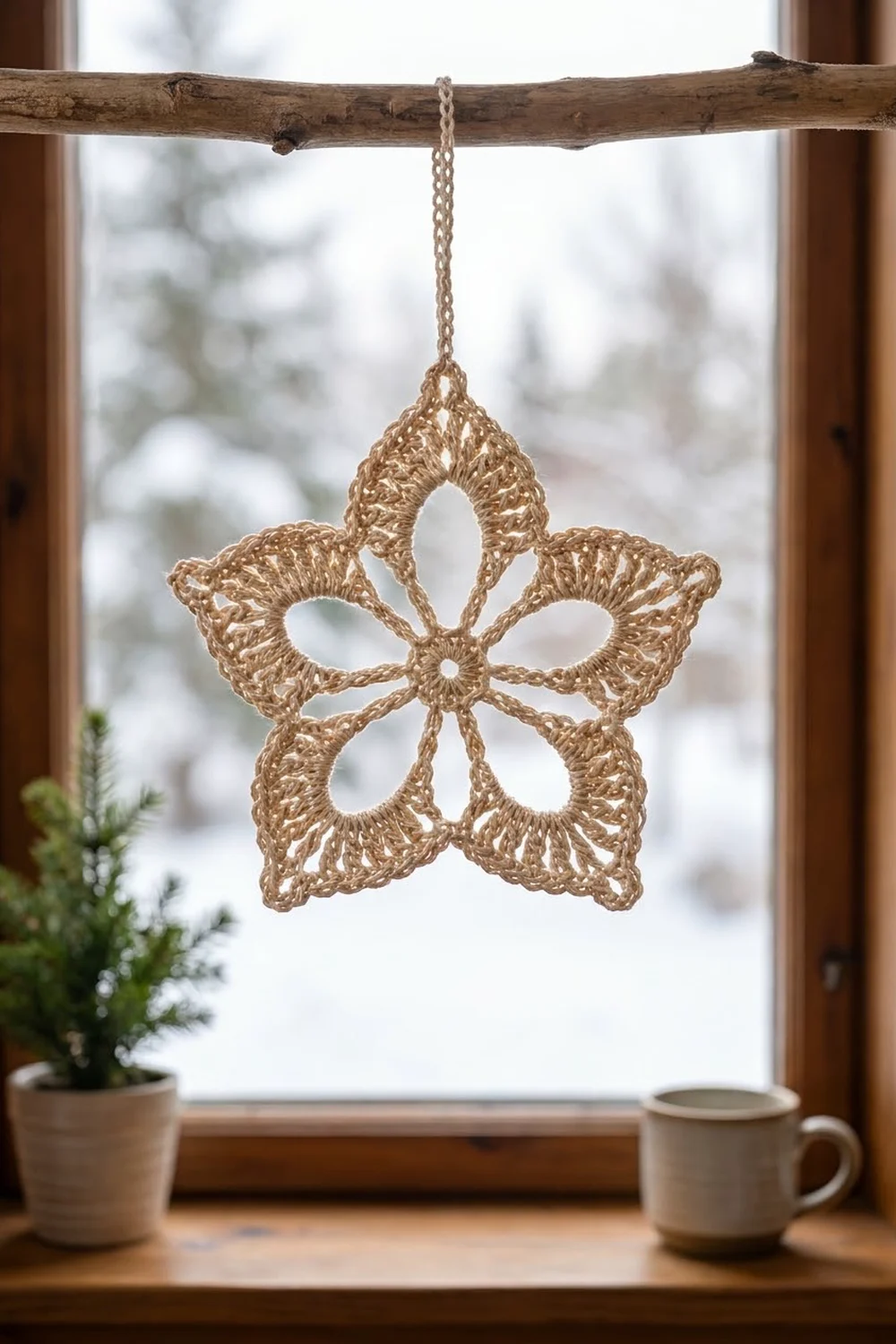Tan crocheted star ornament hanging from a wooden branch in a snowy window with evergreen plant and mug.