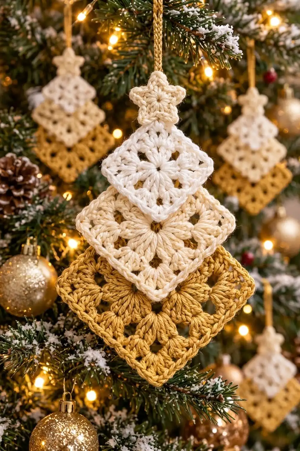 Crocheted Christmas tree ornament in gold, cream, and white with star hanging on decorated evergreen with warm lights.