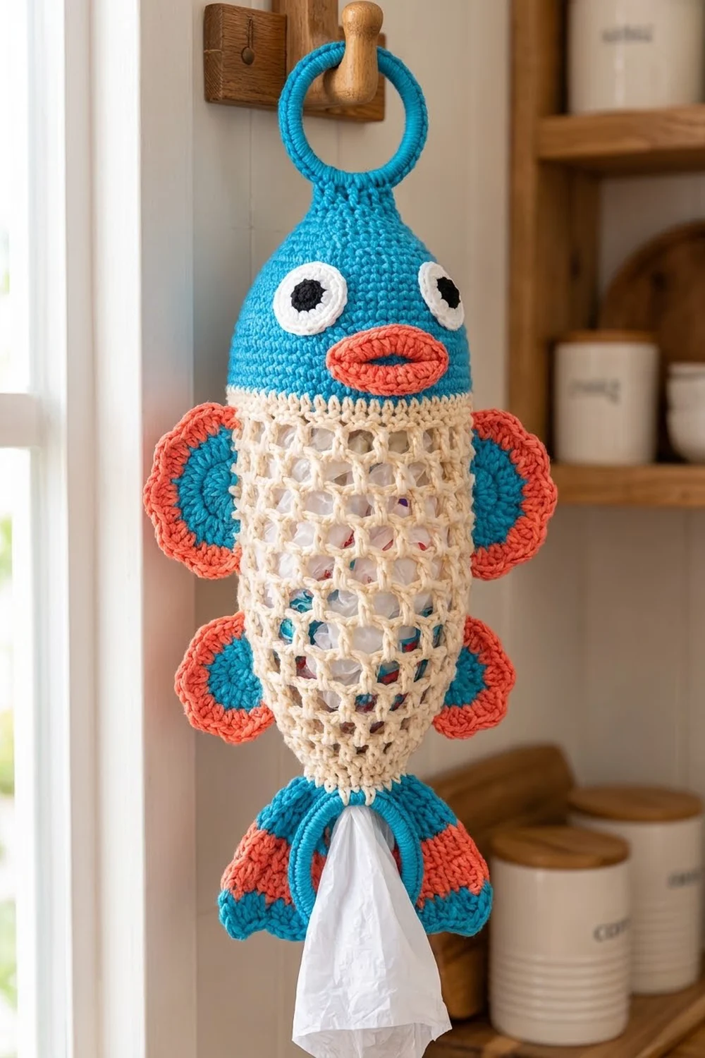Crocheted blue fish with coral fins and openwork cream body hanging from wooden peg, dispensing white tissue.