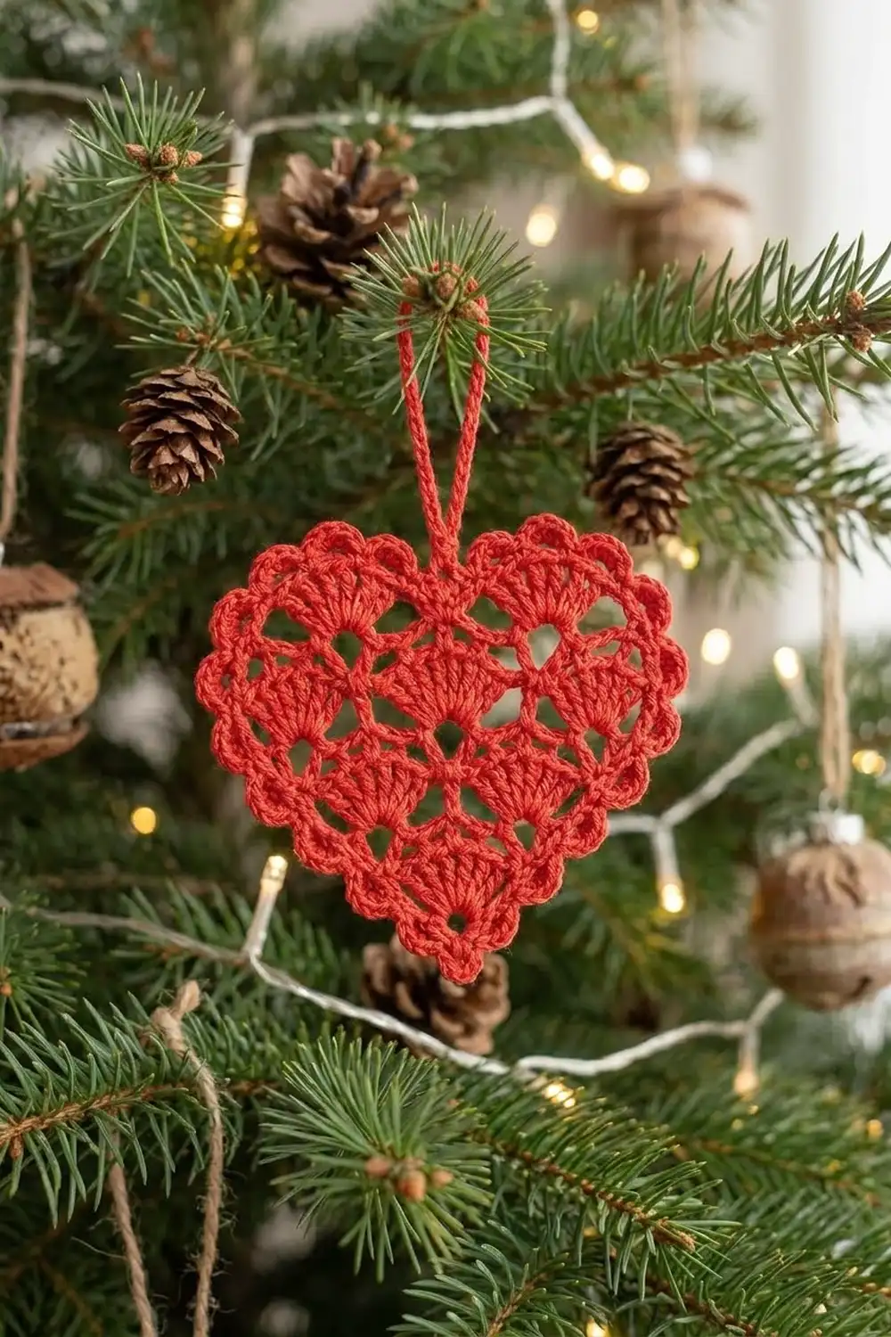A red crocheted heart ornament hangs from a red string on an evergreen tree branch among pinecones and lights.