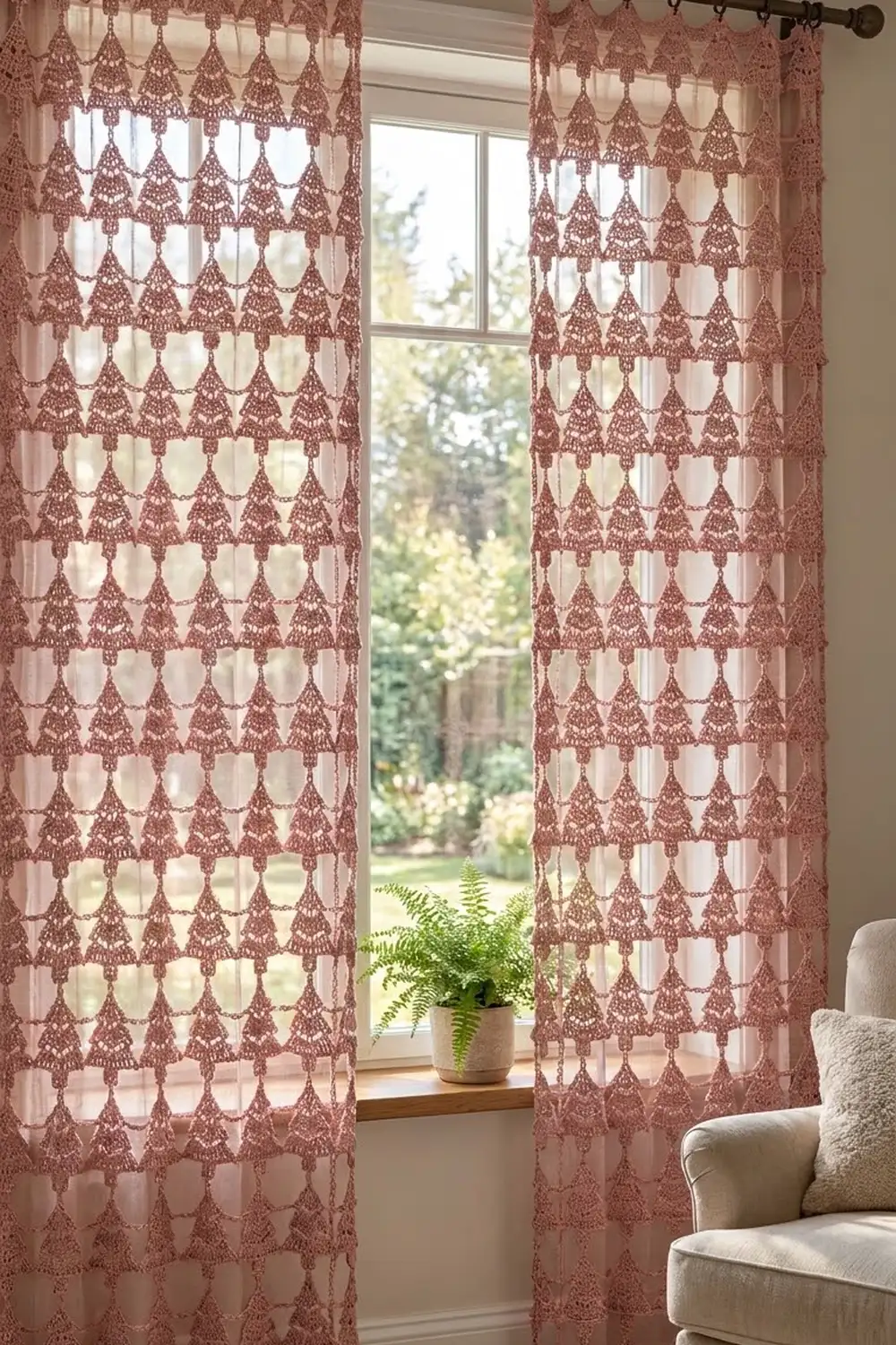 Mauve lace curtains with Christmas trees and snowflakes frame a window with a potted fern on the sill.