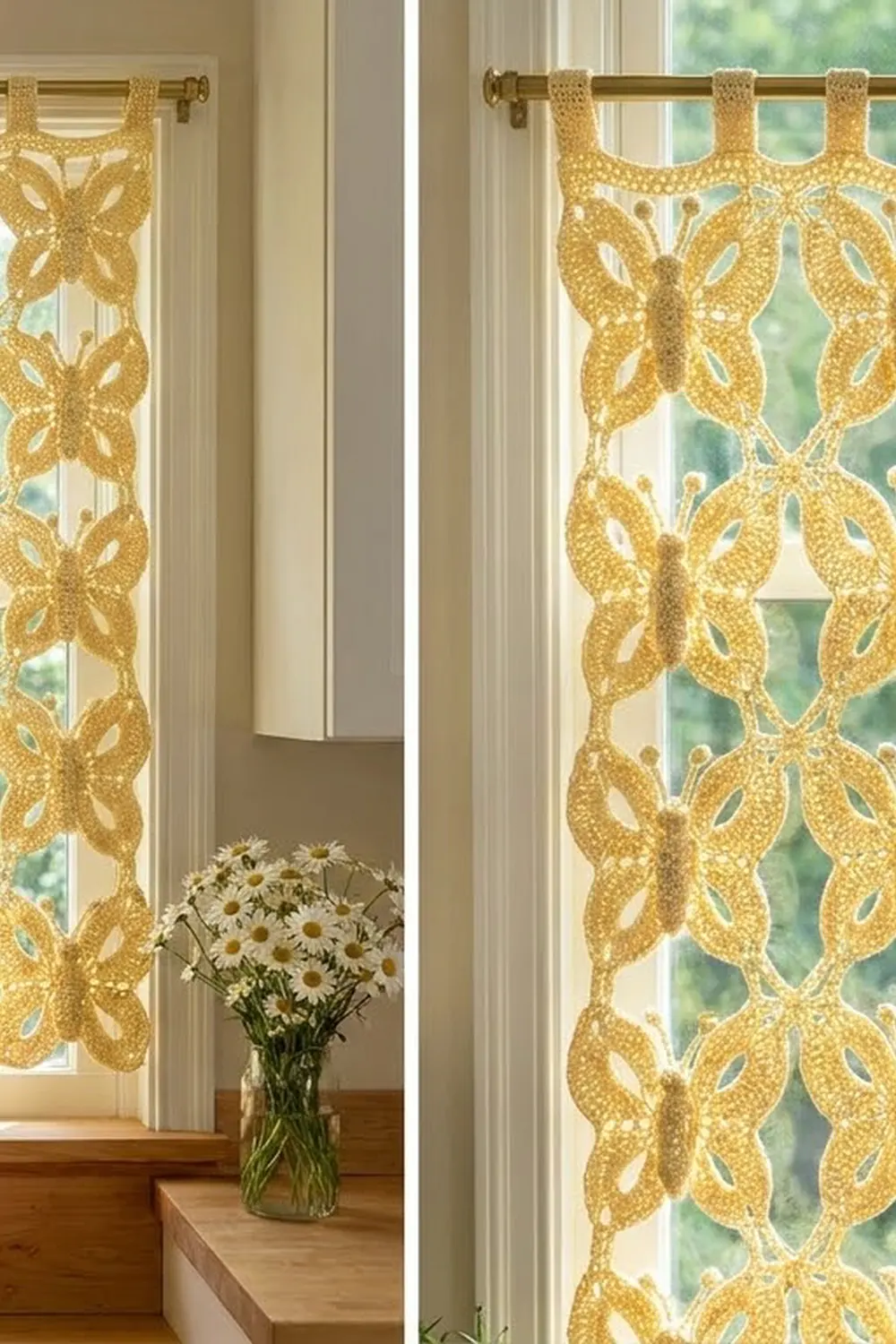 Yellow crochet curtains with delicate butterfly motifs frame windows beside a vase of white daisies in natural light.