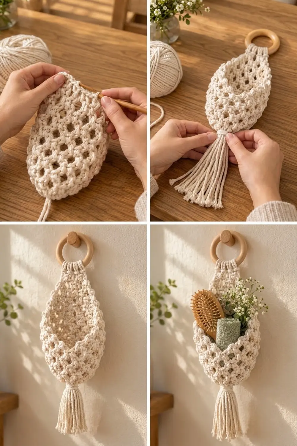 Cream-colored crocheted hanging storage basket with wooden ring, shown in-progress, hung on wall, and styled with small decorative items.