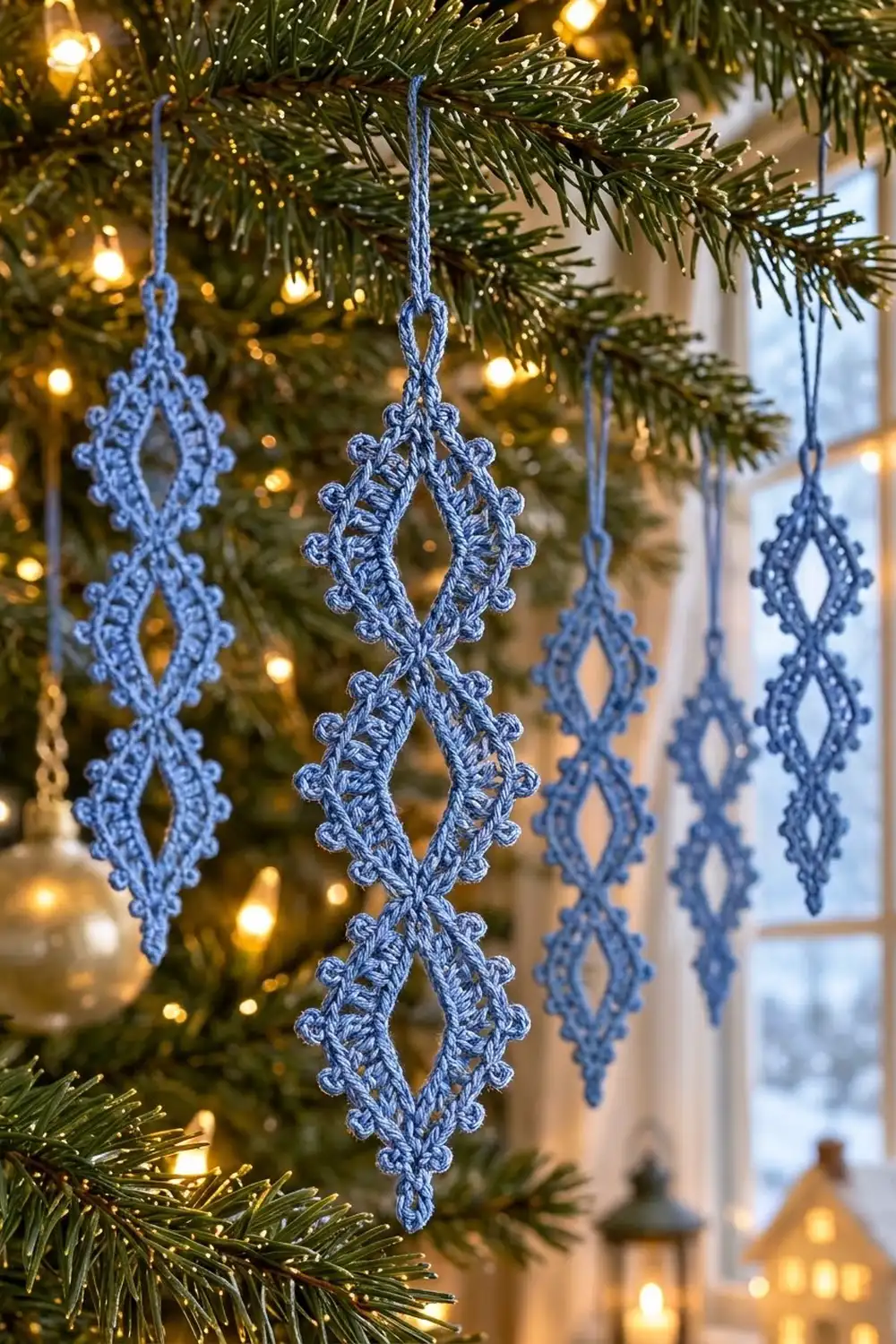 Blue crocheted diamond ornaments hang from evergreen branches with golden fairy lights and a window in the background.