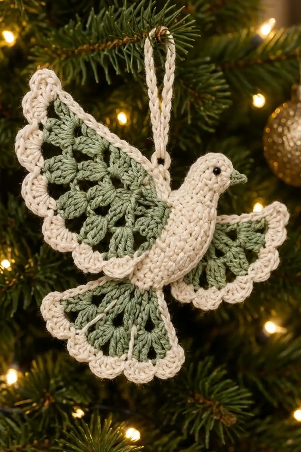 Crocheted dove ornament in cream and sage green hanging on a Christmas tree with warm lights.