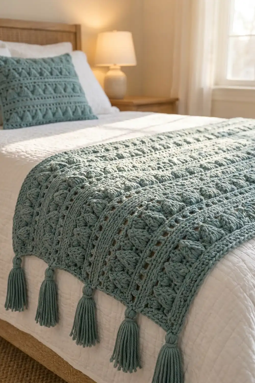Sage green crocheted blanket with tassels draped on white bedding in a warmly-lit bedroom setting.