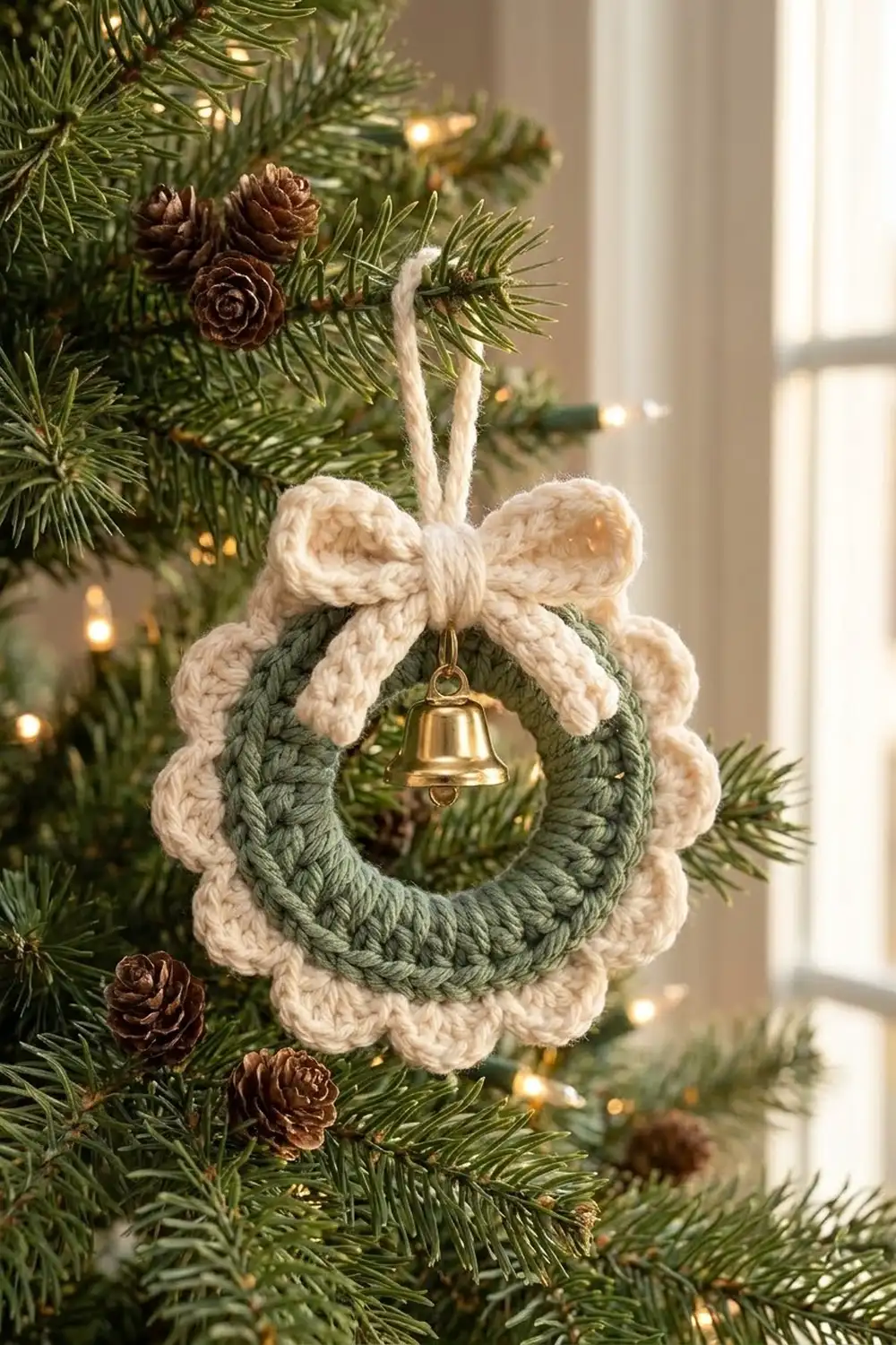 A crocheted wreath ornament with cream petals and green center, topped with a cream bow and brass bell, hanging on an evergreen tree.