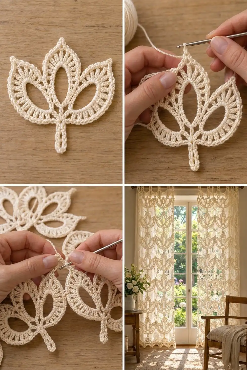 Cream crochet tulip lace motifs shown being handmade and finished as sheer curtains on a sunlit window.