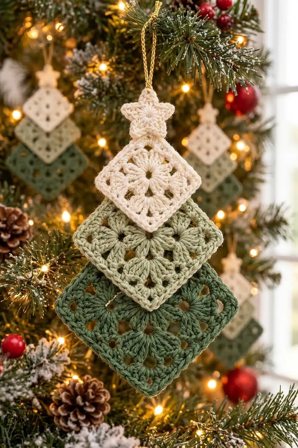 Crocheted ornament made of stacked granny squares in green and cream hanging from an evergreen branch among warm fairy lights.
