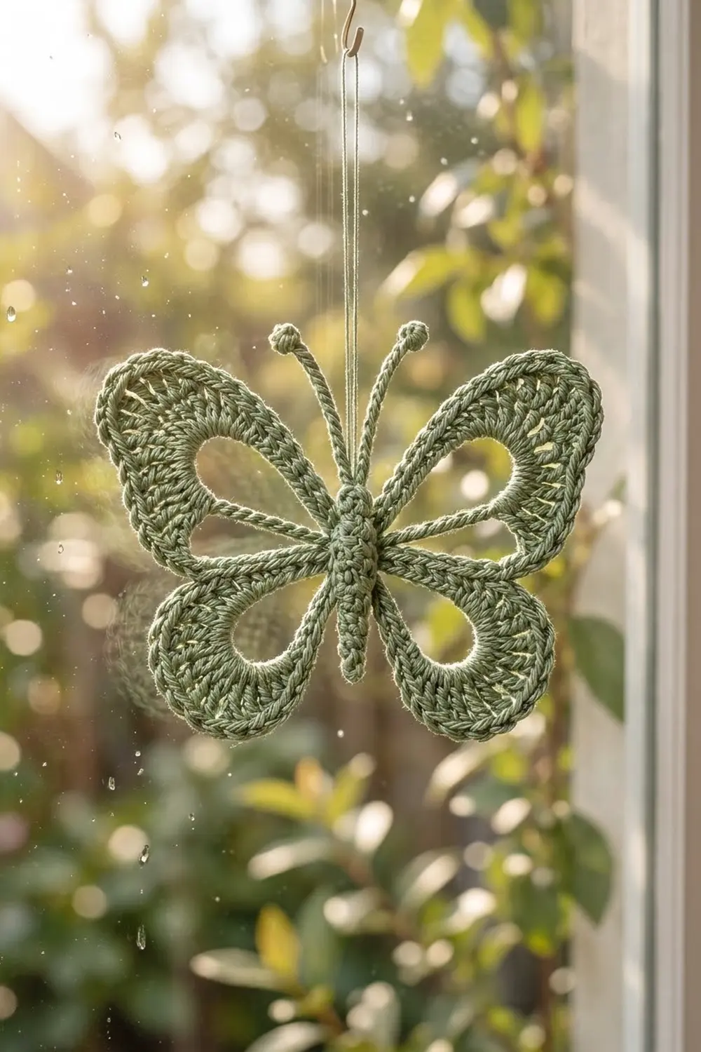 Pale green crocheted butterfly ornament hanging in a rainy window with blurred garden foliage visible behind.