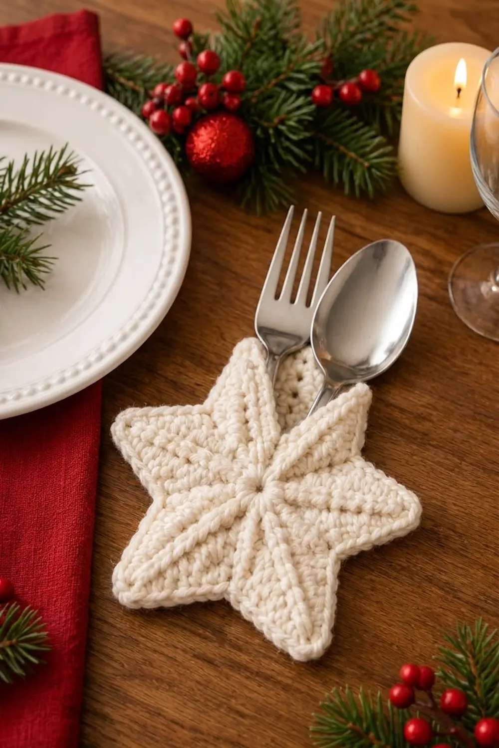 Cream crocheted star utensil holder displaying fork and spoon on wooden table beside holiday greenery, candle, and red ornaments.