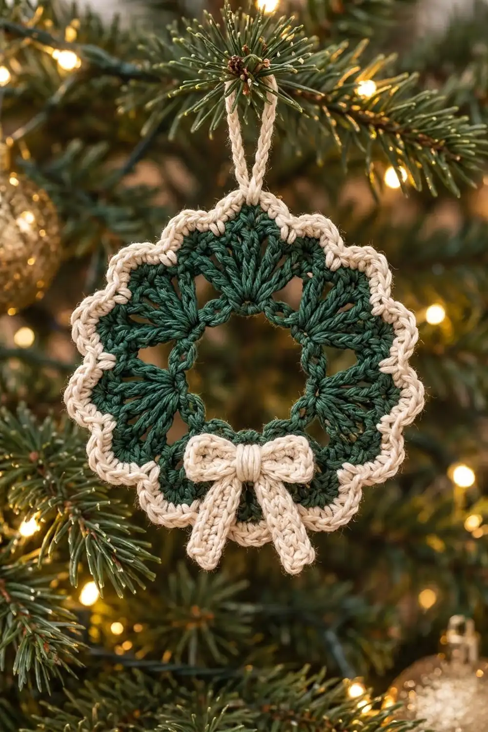 A crocheted wreath ornament in dark green and cream with a delicate bow, displayed on a twinkling Christmas tree.