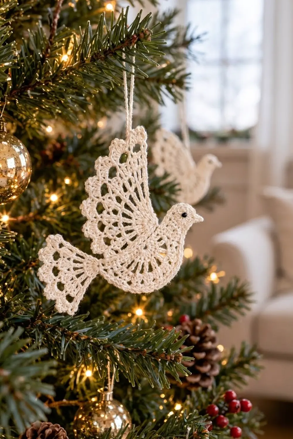 Crocheted ivory dove ornament hangs on an evergreen branch with warm-white lights, gold baubles, and decorative berries.