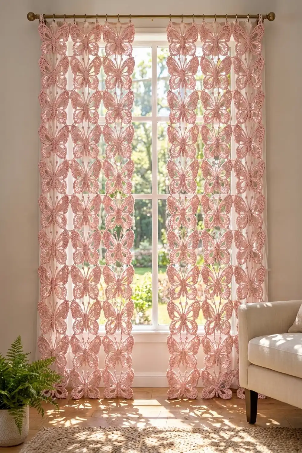 Pink crochet butterfly curtains hang on a brass rod in a sunny room with cream armchair and potted fern.