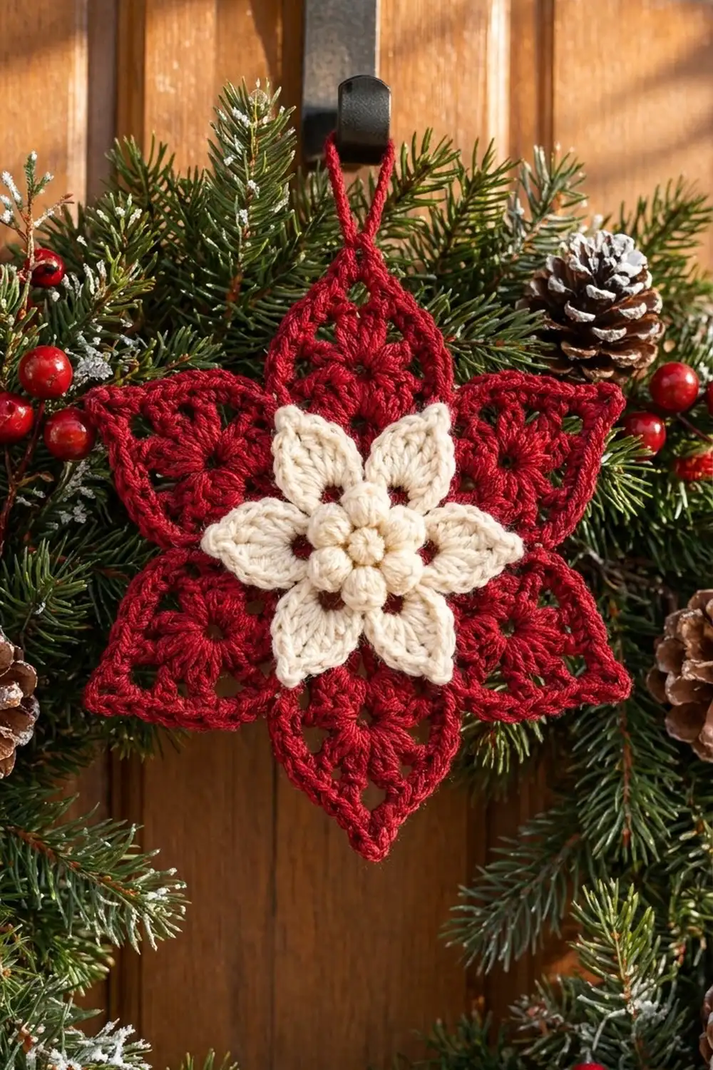Red crocheted star ornament with cream flower center hanging on an evergreen Christmas wreath with pinecones and berries.