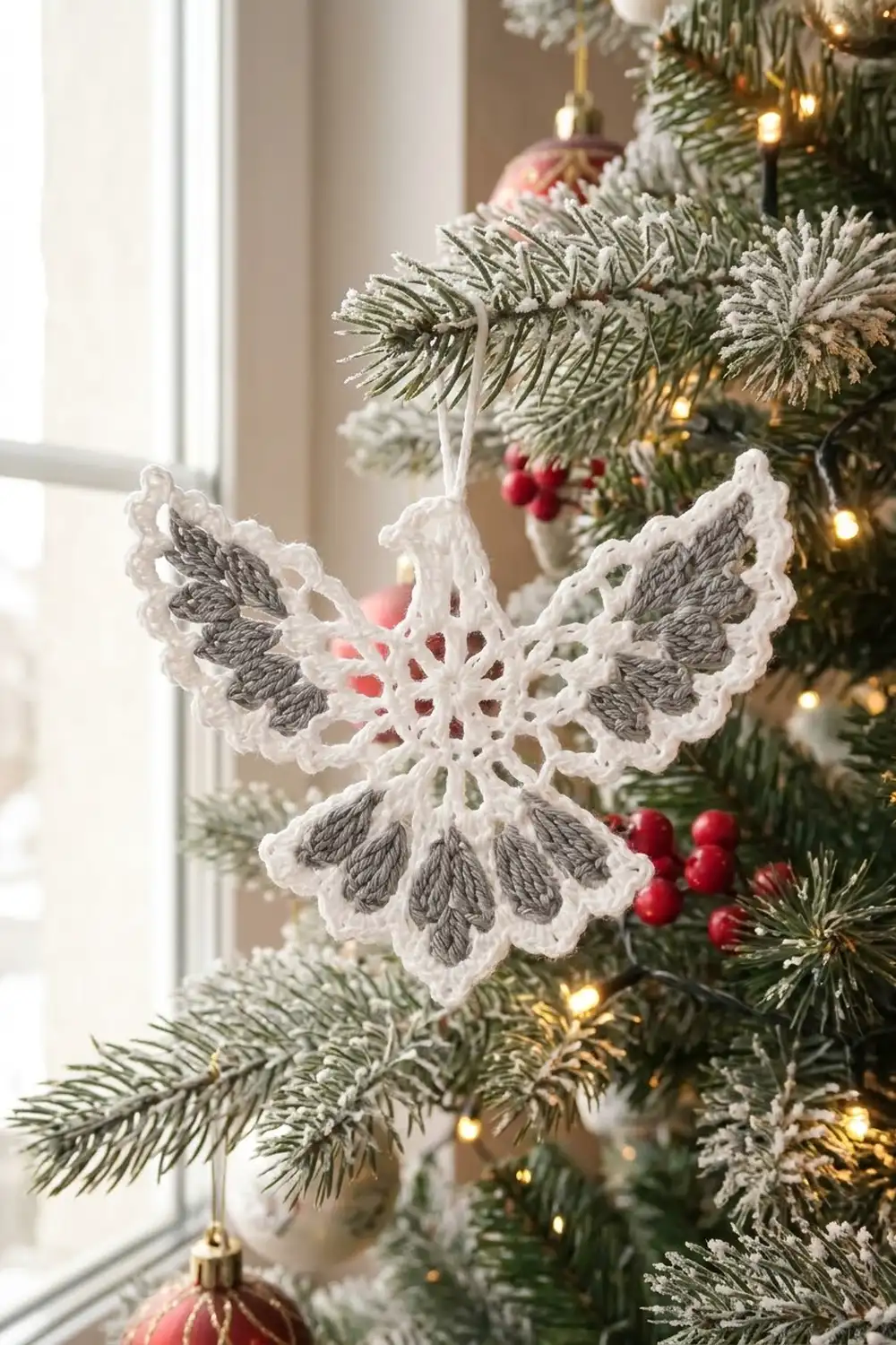 A crocheted white and gray angel ornament hangs from a Christmas tree decorated with red berries and warm lights.