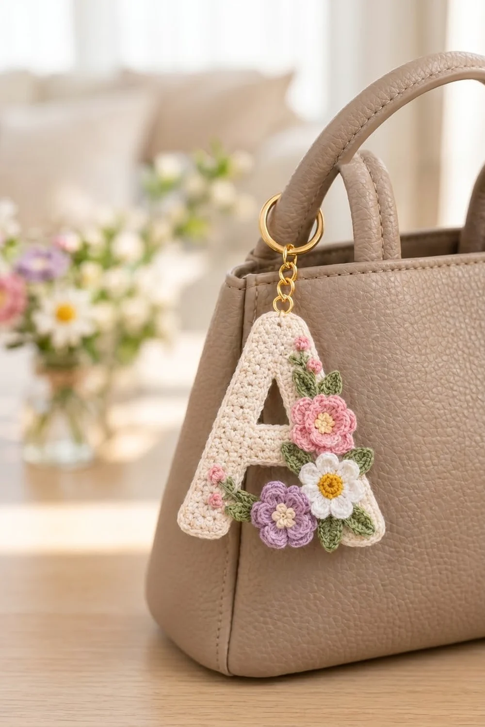 Crochet letter A keychain with pink, purple, and white flowers attached, hanging from a taupe leather handbag near potted flowers.