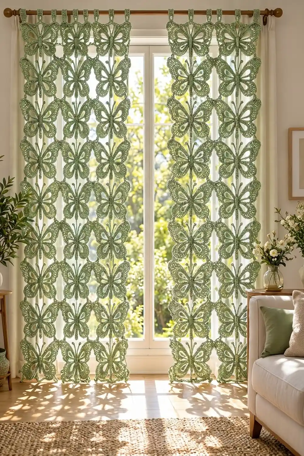 Green crocheted curtains with butterfly patterns hang from a wooden rod over a window in a bright, airy living room.