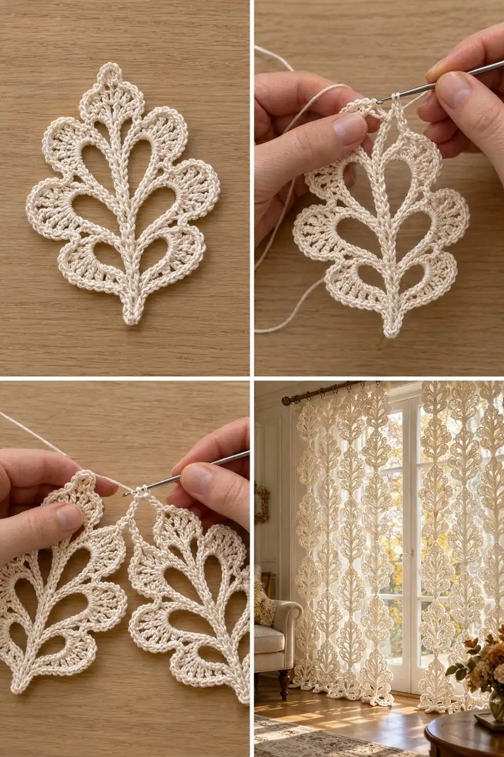Cream crocheted leaf motifs shown in progress and as a finished lace curtain panel in a bright, elegant room.