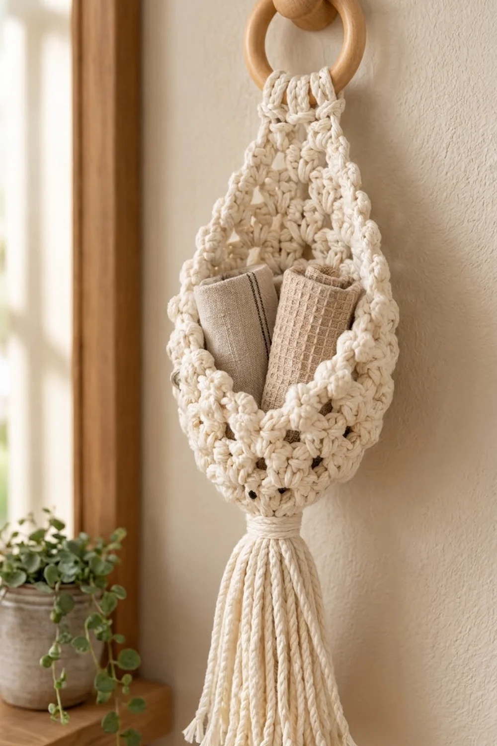 Cream macramé hanging organizer with wooden ring stores folded linens on wall beside potted plant.