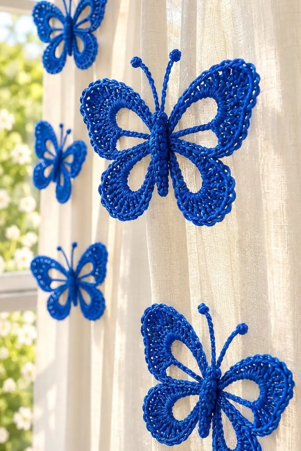 Blue crocheted butterflies with lacy wings hang from a sheer cream curtain, backlit by sunlight and garden view.