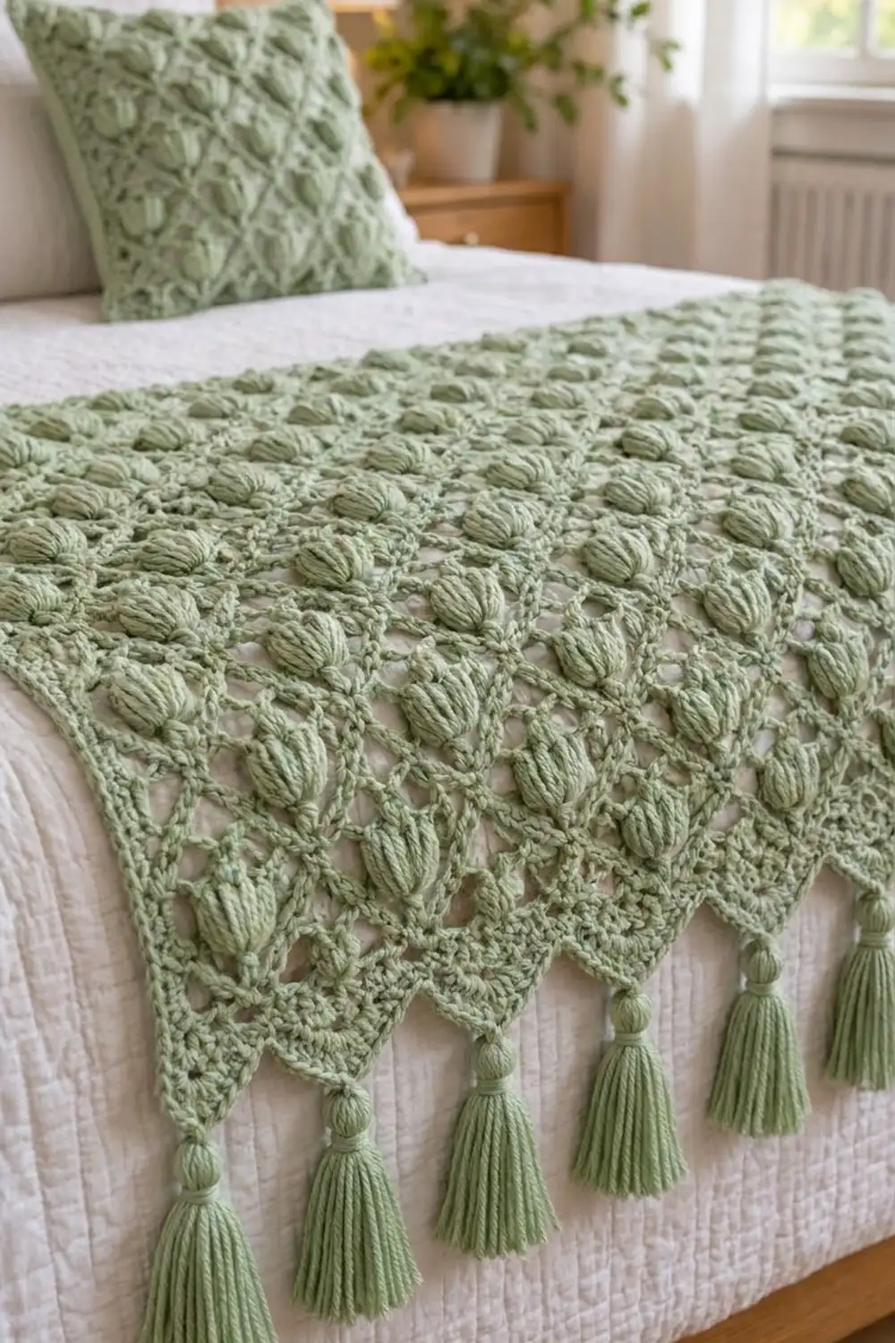 Light green handmade crochet blanket with tassel trim displayed on white bed next to coordinating pillow in a sunny bedroom.