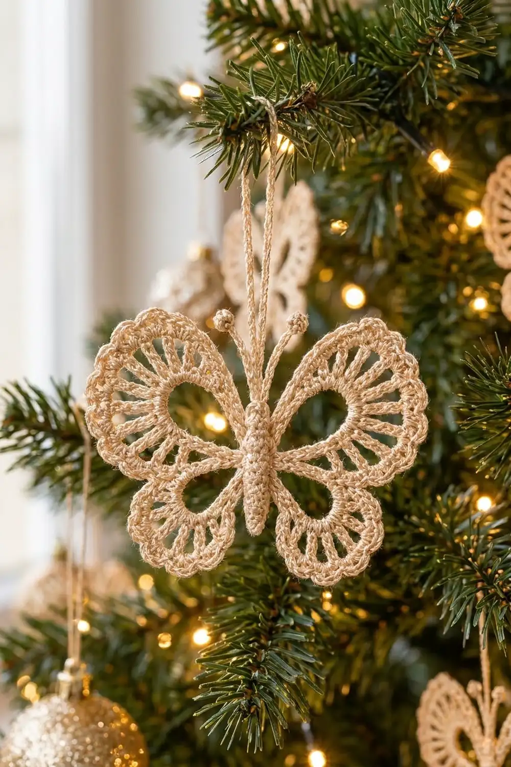 Beige crocheted bow ornament hanging on an evergreen branch with warm golden lights and matching holiday decorations.
